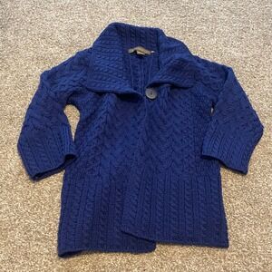 Inis Crafts Merino Wool Open Front Cardigan blue M chunky knit fisherman cable